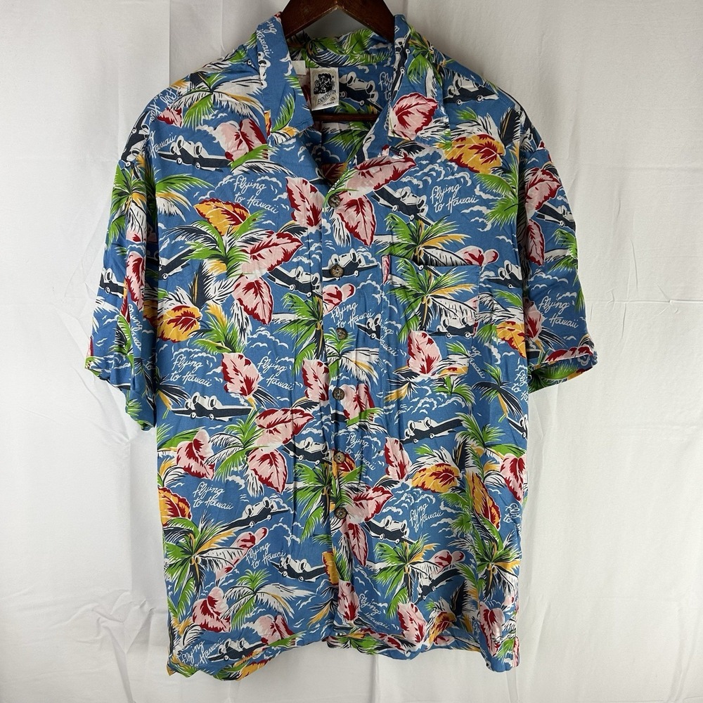 Kennington Ltd Hawaiian Shirt Men's Size Large Hawaiian Blue "Flying To Hawaii"